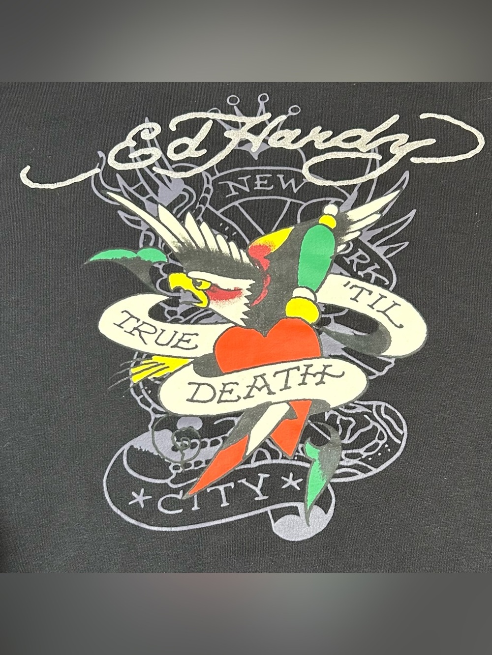 Ed Hardy Cropped Hoodie Womens Large Black Eagle Tattoo True Til Death Y2K